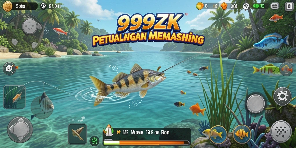 Tampilan gameplay 999ZK saat memancing di danau yang indah.