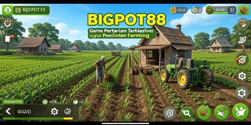 Screenshot gameplay <strong>BIGPOT88</strong> menunjukkan aktivitas bertani yang seru dan interaktif.