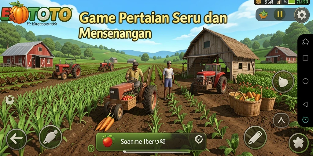 Tampilan gameplay EXOTOTO dengan kebun yang subur dan tanaman yang beragam.