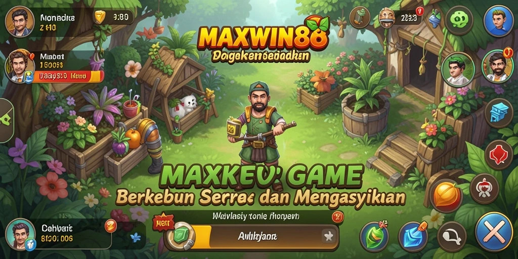 Gameplay <strong>MAXWIN88</strong> yang menampilkan kebun penuh warna dan tanaman yang subur.