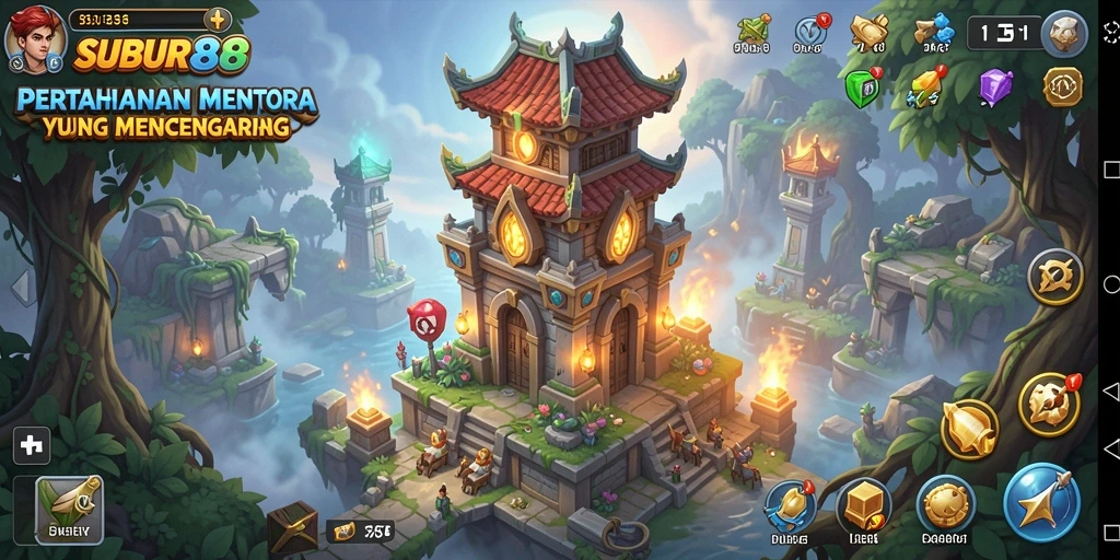Screenshot gameplay SUBUR88 menampilkan serangan menara yang epik.